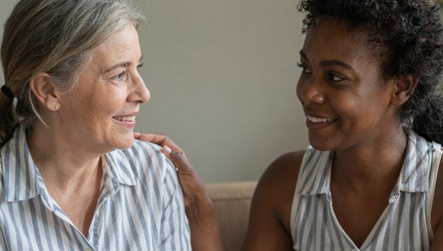 Senior woman and a younger African American woman smiling at each other during a warm affectionate conversation at home