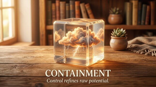 Metaphorical Glass Cube Containing Stormy Clouds and Lightning, Representing Containment of Raw Potential, on a Wooden Desk with Bookshelf Background