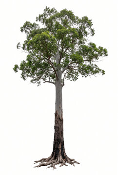 Mature Blackbutt eucalyptus tree, tall straight trunk with broad green canopy and visible exposed roots, full tree visible, 23 ratio, isolated on seamless pure white background