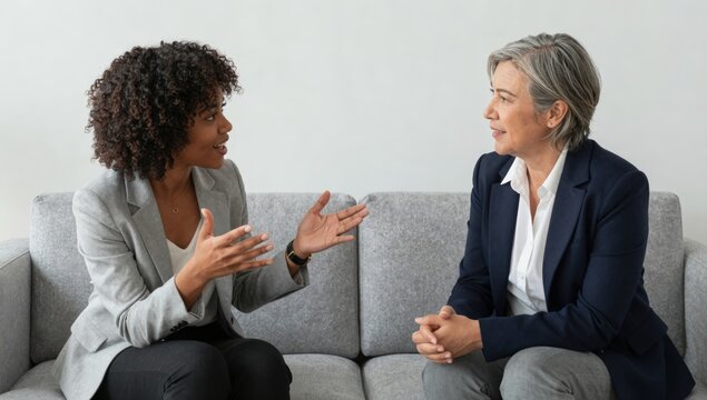 Young African American businesswoman talking with expressive hand gestures to a senior businesswoman during an informal meeting on a sofa