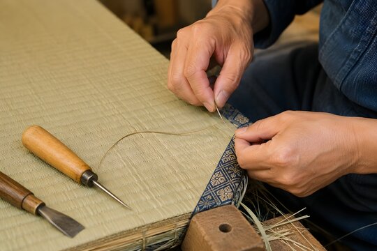 畳の縁を手縫いする日本人職人の手元