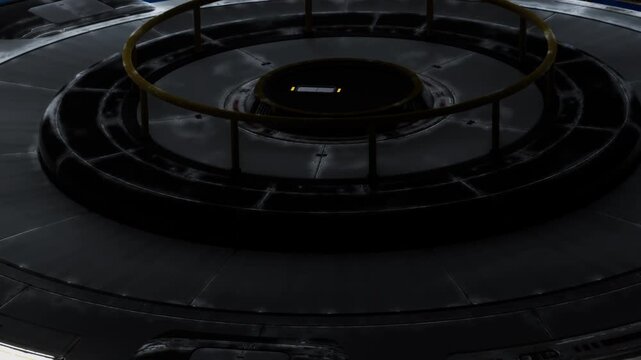 A close view of a UFO model located in a dark space with stars in the background. The craft has a round shape and a circular ring around it.