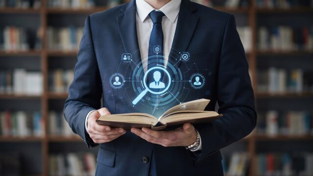 Businessman holding book with digital human resource icon