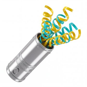 Silver party popper launching streamers on white