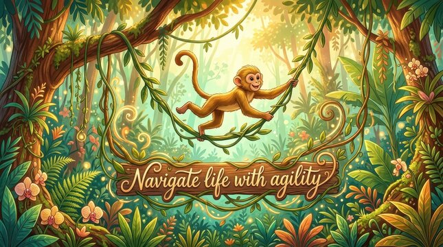 Playful monkey swinging on vines in a vibrant, lush jungle with the inspiring message "Navigate life with agility"