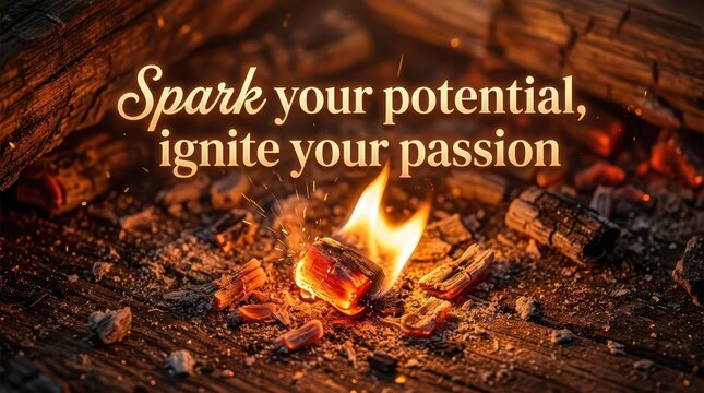 Spark your potential, ignite your passion with glowing embers and flames from a burning campfire or fireplace