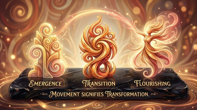 Metaphor of personal growth: Emergence, Transition, and Flourishing illustrated with abstract, luminous golden sculptures and ethereal energy.