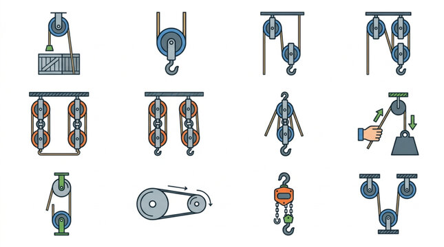 Collection of Various Pulley Systems and Hoisting Equipment.