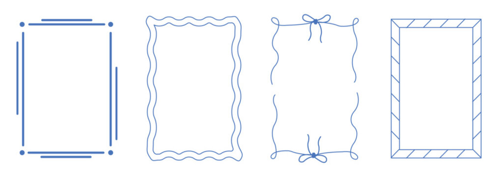 Hand drawn frame border line set, cute wavy ribbon bow doodle rectangle border for invitation vector