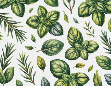 Beautiful green basil leaves pattern design with natural shading isolated on transparent background
