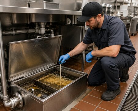 Food Service Technician Checking Commercial Deep Fryer Oil Temperature
