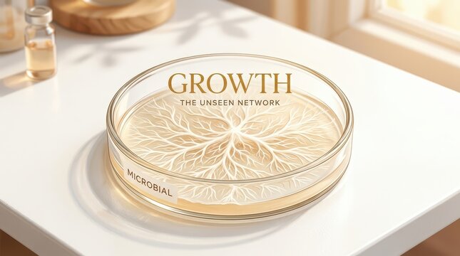 Microbial growth in a petri dish, representing science, biology, research, and unseen networks. Text reads 'GROWTH THE UNSEEN NETWORK' and 'MICROBIAL'
