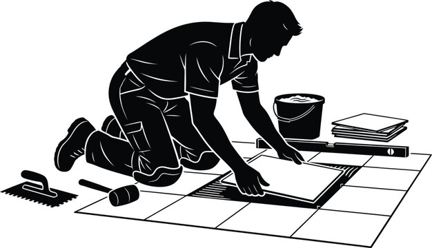 Tile setter kneeling and installing floor tiles black silhouette style