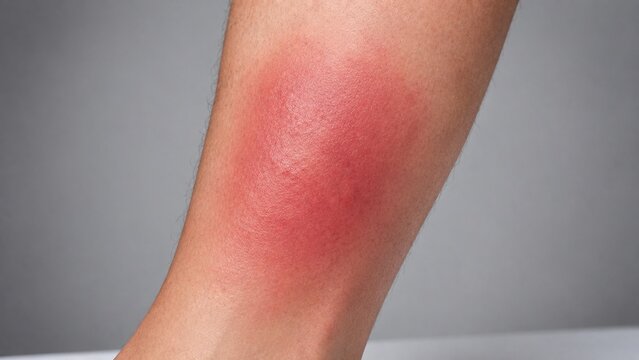 Close-up of Severe Red Skin Inflammation, Swelling, and Rash on Human Leg - Medical Condition such as Cellulitis