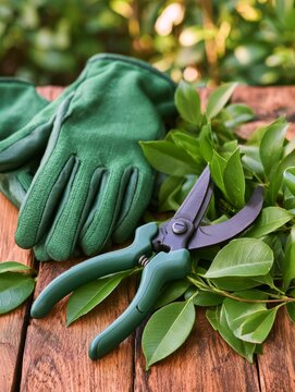 Gardening gloves pruners and green leaves on wood