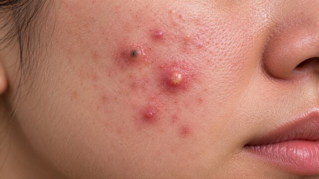 Macro Shot of Severe Inflammatory Acne on Young Skin, Cystic Pimples and Clogged Pores Dermatology Concept