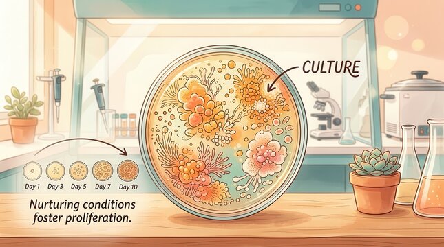 Microbiology petri dish culture showing bacterial or fungal growth over time, with lab equipment in the background.