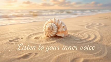 Obraz premium Seashell on sandy beach with ocean waves and sunrise/sunset, inspirational quote 'Listen to your inner voice'