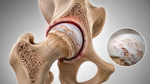 Detailed 3D Medical Illustration of Hip Osteoarthritis Showing Cartilage Degeneration and Joint Inflammation