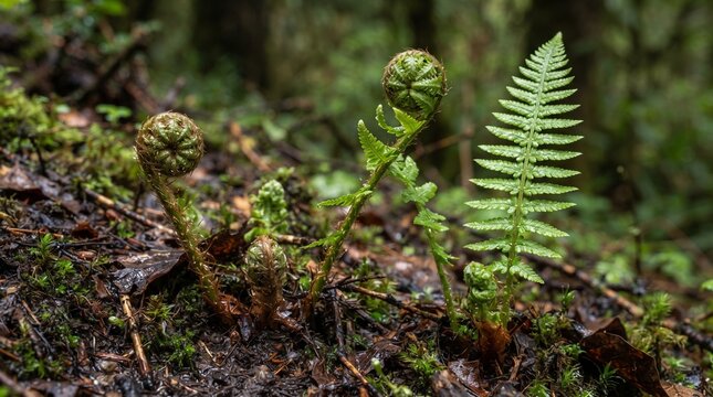 Lush green fern fiddleheads emerging from forest floor. Young fern fronds unfurling in damp woodland. New growth in temperate rainforest. isolated PNG with Transparent Background