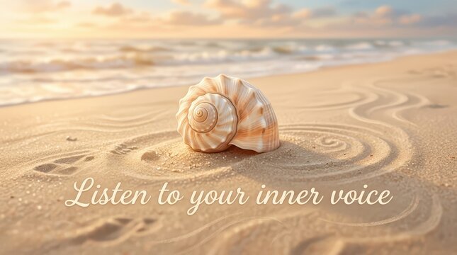 Seashell on sandy beach with ocean waves and sunrise/sunset, inspirational quote 'Listen to your inner voice'