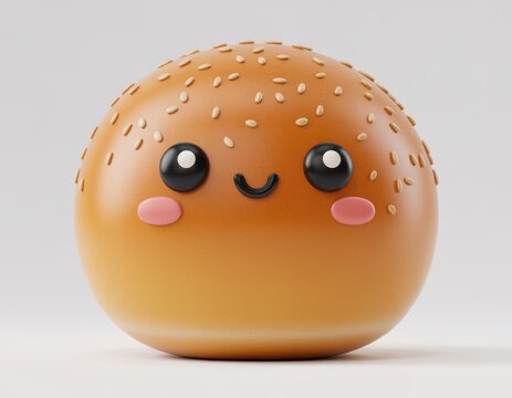 Cute cartoon bagel bun with happy face expression isolated on transparent background