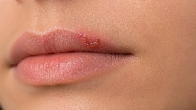Close-up of Cold Sore Fever Blister Infection on Human Lip - Herpes Labialis Macro Photography