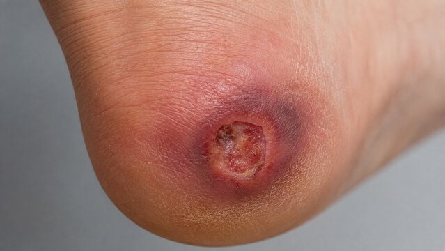 Close-up of a Pressure Ulcer on Human Heel Showing Open Wound, Inflammation, and Bruising