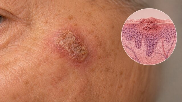 Actinic Keratosis Skin Lesion on Face with Medical Illustration of Abnormal Epidermal Cells and Sun Damage