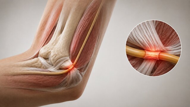 Anatomical 3D Illustration of Cubital Tunnel Syndrome Showing Ulnar Nerve Compression and Elbow Joint Inflammation