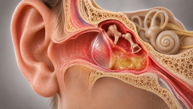 Detailed 3D Medical Illustration of Human Ear Anatomy Showing Otitis Media Infection with Fluid and Inflammation