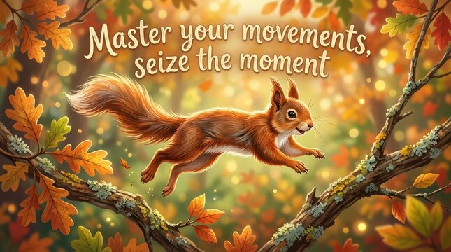 Playful squirrel jumping mid-air amongst vibrant autumn leaves and sparkling bokeh lights, inspiring quote