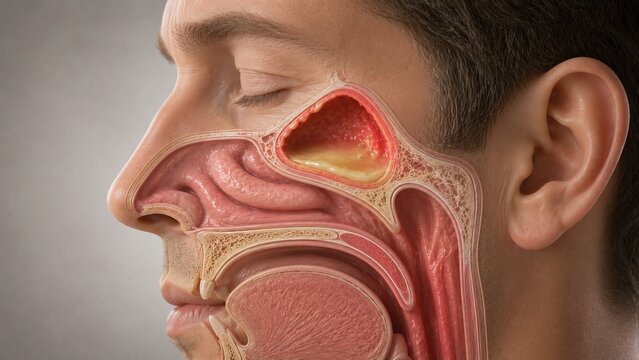 Medical Illustration of Sinusitis with Mucus Buildup in Human Maxillary Sinus and Nasal Cavity Anatomy