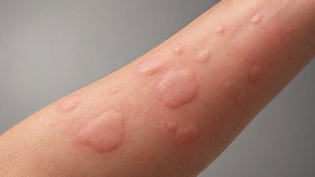 Macro Close-up of Hives and Allergic Rash on Human Arm, Urticaria Wheals and Skin Inflammation Medical Symptoms