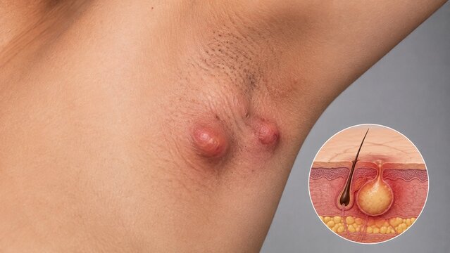 Medical Illustration and Close-up of Armpit Boils, Hidradenitis Suppurativa, or Skin Abscess with Follicle Diagram