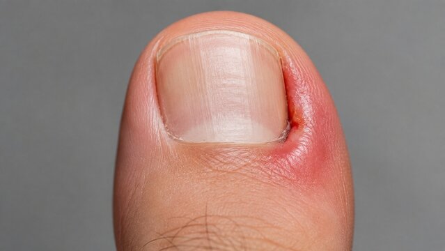 Macro View of Ingrown Toenail with Inflammation, Redness, and Paronychia Infection on Human Toe