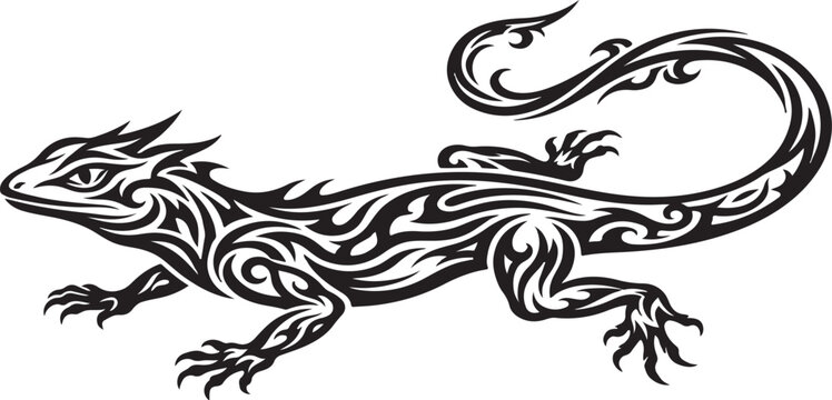 Black and white tribal lizard tattoo design with intricate flowing patterns and a curved tail isolated on white