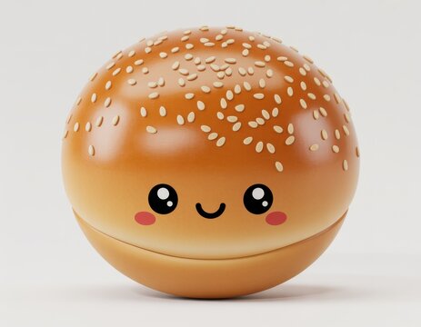 Cute cartoon donut with sesame seeds and happy face isolated on transparent background