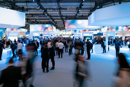 Large crowd of business professionals and visitors circulating through a modern indoor technology exhibition hall with blurred motion emphasizing activity