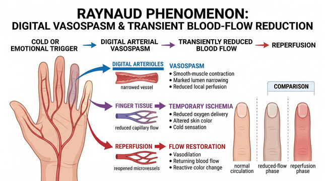 Raynaud phenomenon diagram illustrating digital vasospasm and blood flow reduction