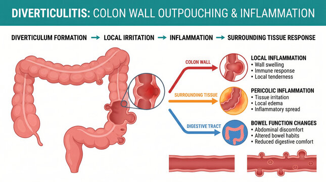 Diverticulitis colon wall outpouching and inflammation medical illustration
