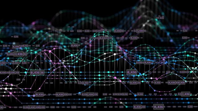Abstract futuristic infographics 3D with wavy lines connecting dots big data graph on black visualization. Visual analyzing informational. Infographic for technology, network or business analytics.