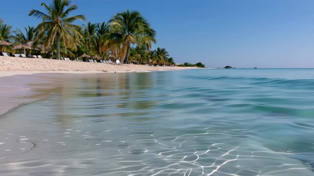 Aerial view of a tropical island surrounded by crystal clear blue ocean, white sandy beach and lush green palm trees in a peaceful paradise landscape