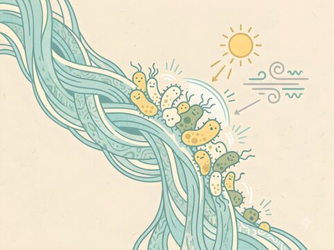 Illustration of resistant Moraxella bacteria surviving sunlight, UV rays, and dry wind on woven fabric fibers.