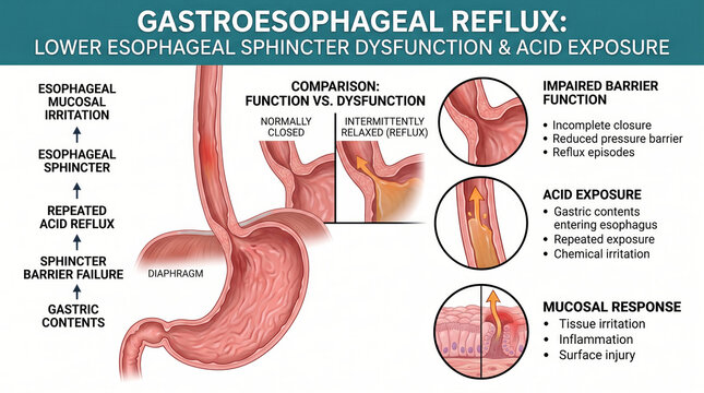 Gastroesophageal reflux explained with diagrams of sphincter dysfunction and acid exposure
