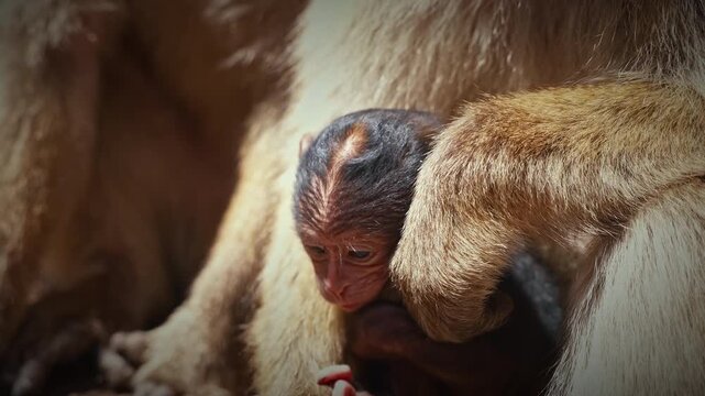 Baby Barbary macaque with its mother in Ifrane National Park, Morocco