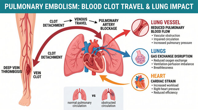 Pulmonary embolism infographic showing blood clot travel and lung impact