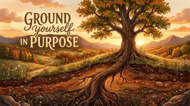 Mighty oak tree with exposed roots symbolizes grounding and purpose in a beautiful, sun-drenched landscape with rolling hills and mountains