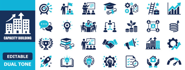 Naklejka premium Dual tone capacity building icon set featuring leadership, education, teamwork, growth, mentoring, and skill development concepts