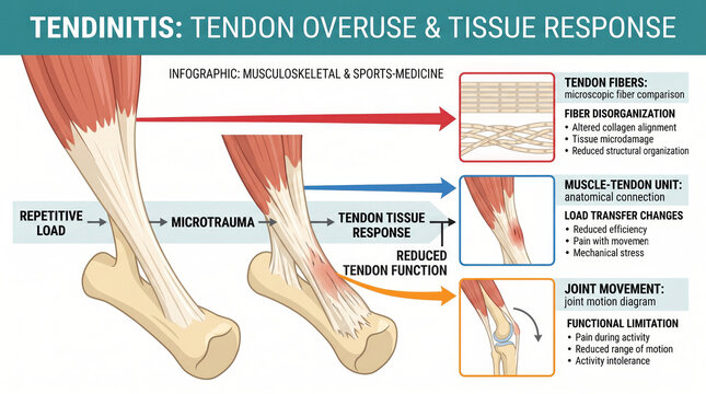 Tendinitis infographic showing repetitive load causing microtrauma and tissue response